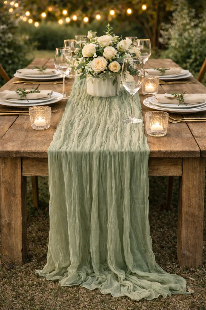 Chemin de table gaze de coton vert sauge