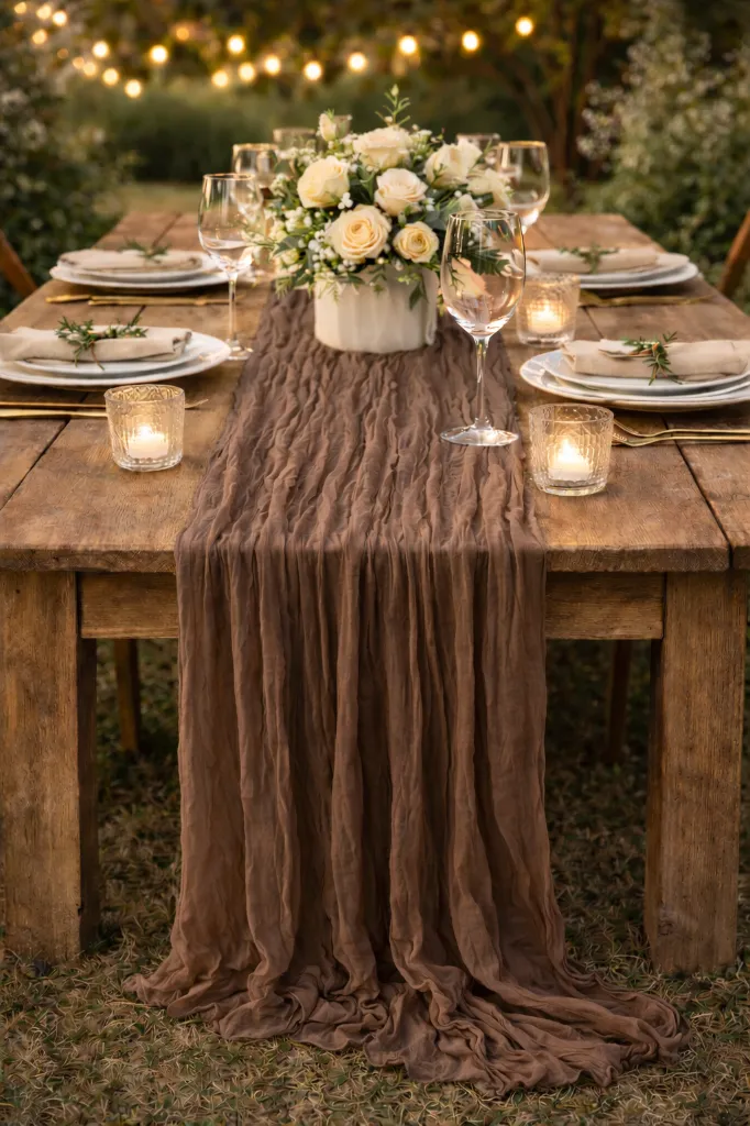 Chemin de table gaze de coton Marron